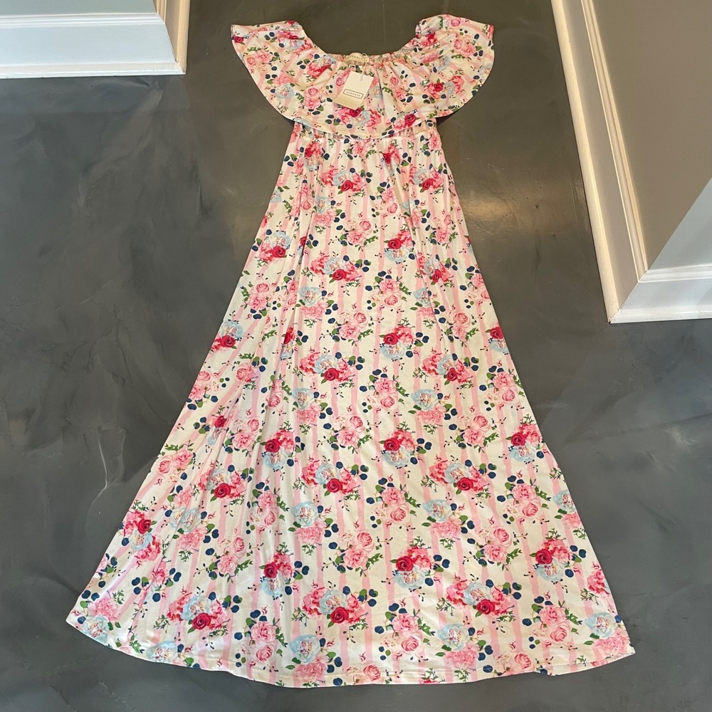 Ninexis Womens Pink Floral Striped Ruffle‎ Off Shoulder Maxi Dress S Cottagecore